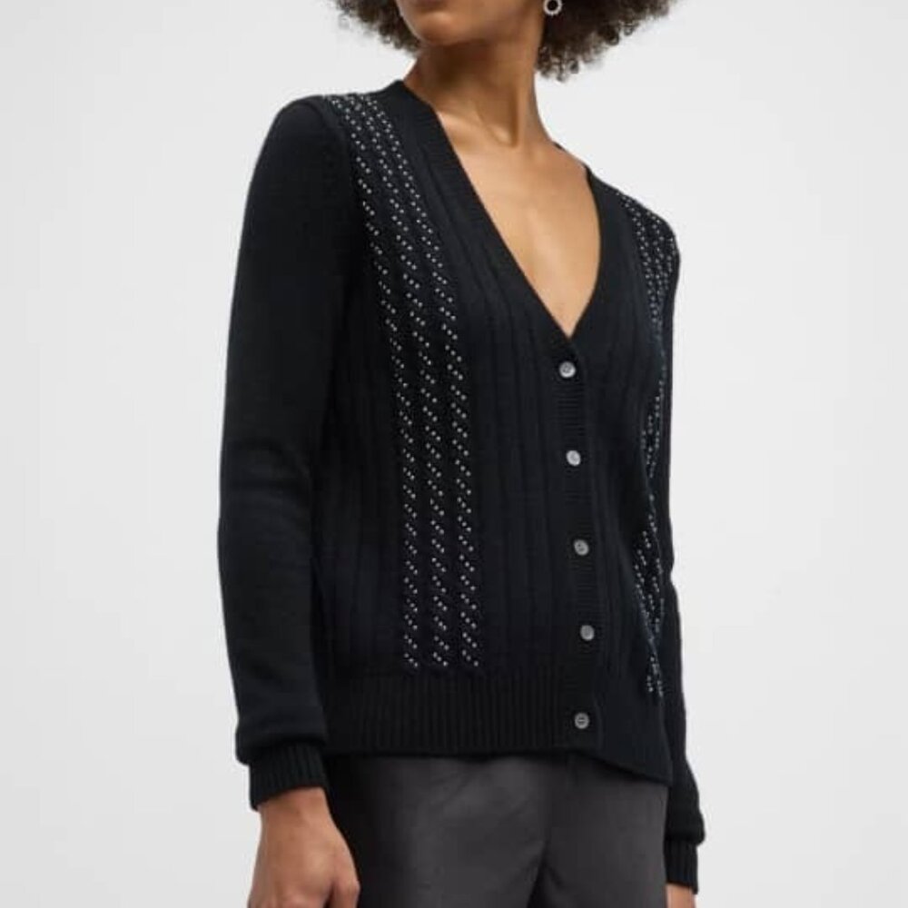Neiman Marcus Cashmere Cable-Knit Cardigan with Pearlescent Beads -  XL